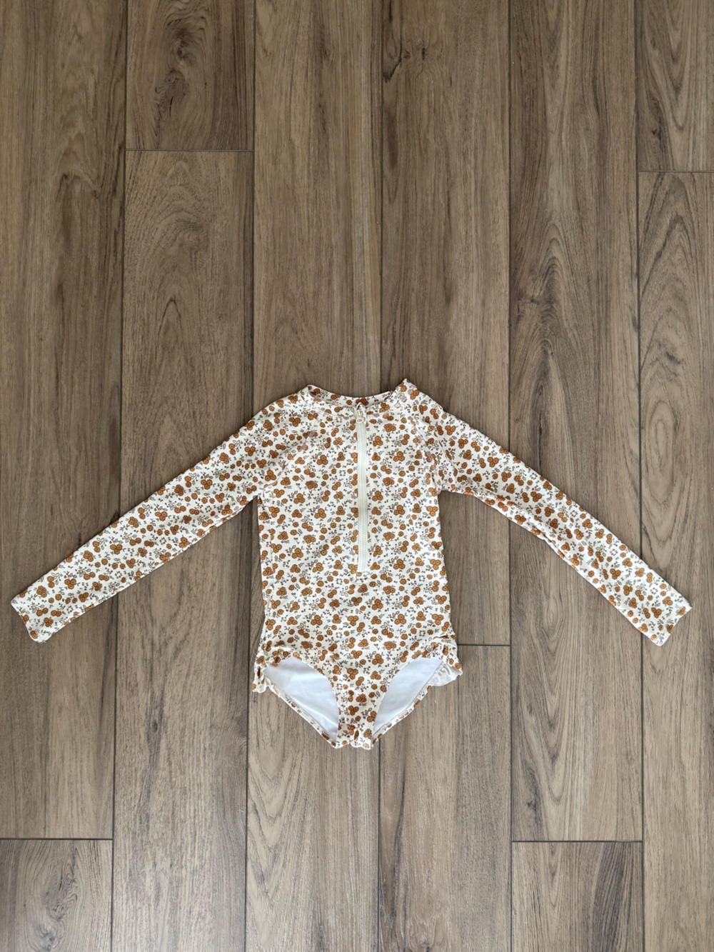 Rylee + Cru Long Sleeve One-Piece Swimsuit in Cream & Brown Floral 8-9y